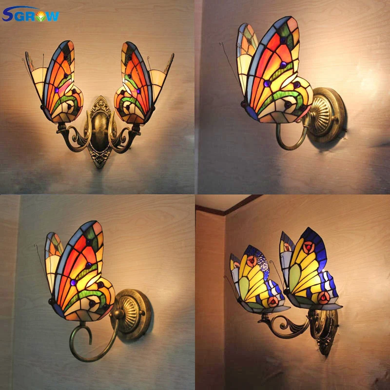 SGROW Art Deco Tiffany Wall Lamp Indoor Lighting Fixtures for Bedroom Stairs Aisle Corridor Hand-made Glass Butterfly Lights | Освещение