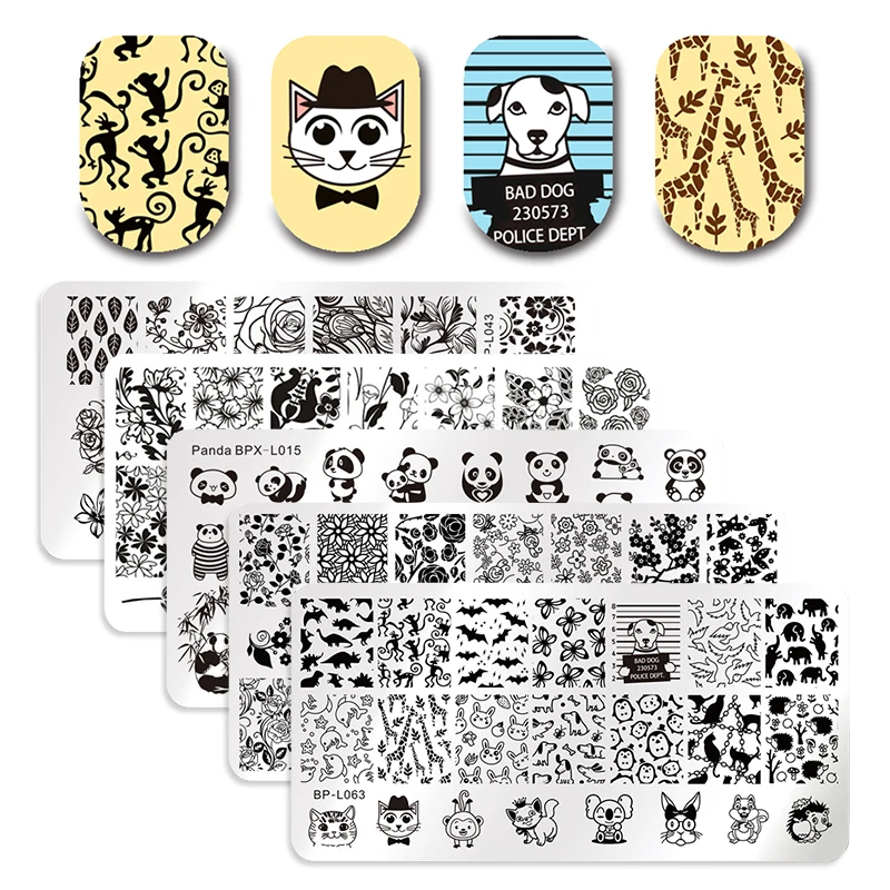 

5Pcs/set Rectangle Animal Design Stamp Template Image Plate Panda Butterfly Flower Stamping Plate Manicure Nail Art Stamp Tool