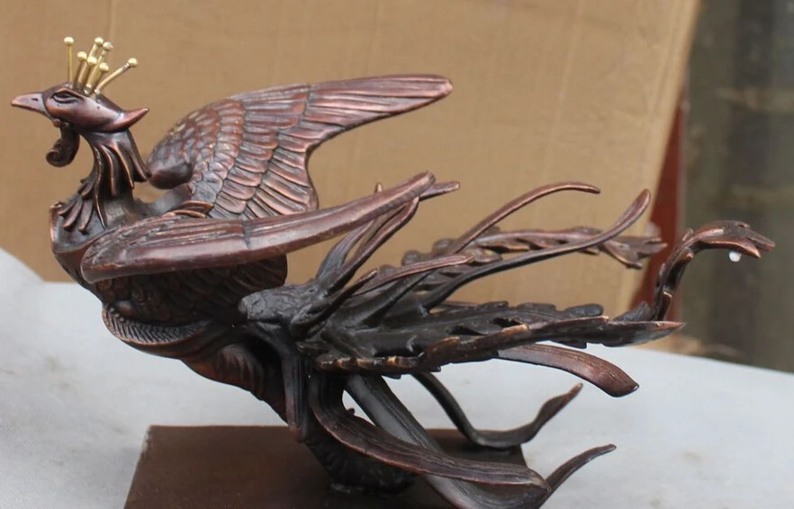 

12" Chinese Fengshui Folk Copper Carving Animal Bird Phoenix Feng-Huang Statue R0709