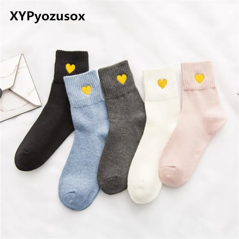 Модные хлопковые носки с вышивкой в виде сердца и любви, женские милые зимние теплые носки с милым сердечком для девушек, Calcetines Mujer, забавные носки