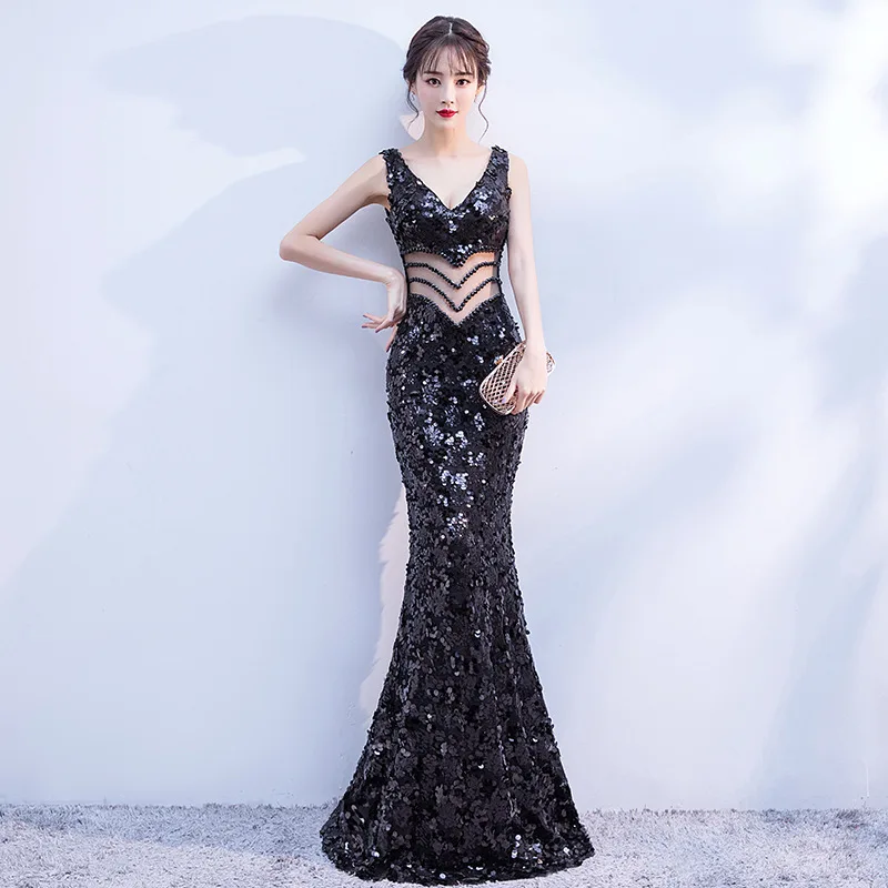 BlackChinese Восточный v-образным вырезом русалка свадебные женские Сексуальные Cheongsam элегантное вечернее платье Принцесса платья Современный Qipao