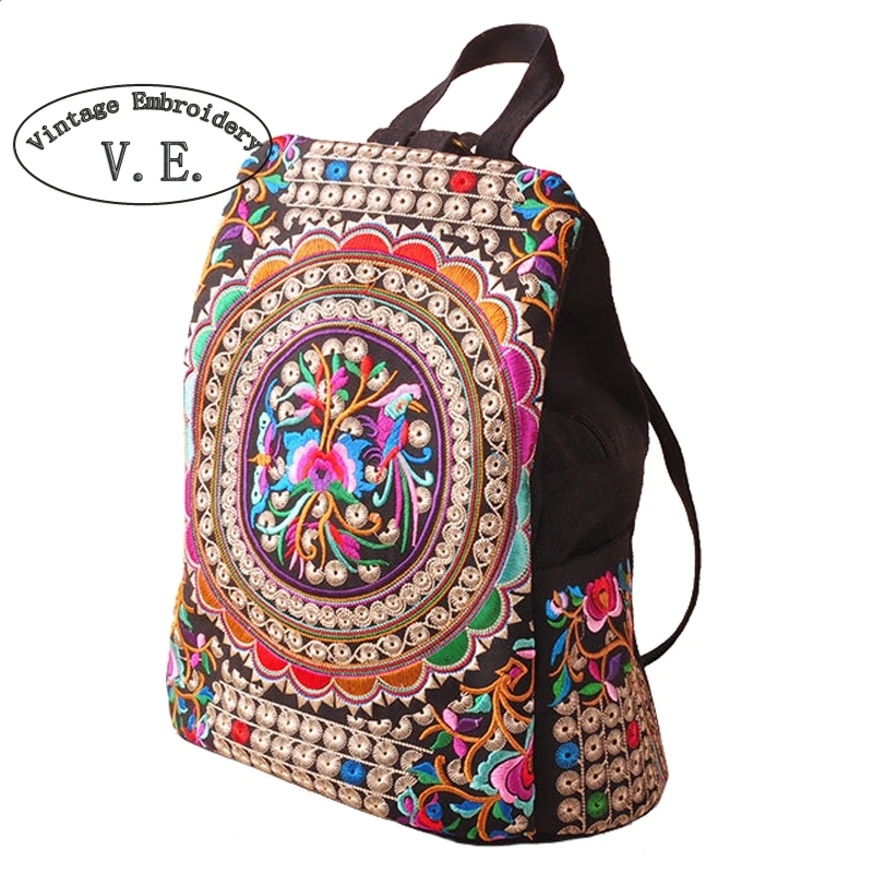 Mochila de lona étnica bordada Vintage para mujer hecha a mano con flores bordadas bolsas de viaje Mochila Mochila de lona étnica bordada Vintage para mujer hecha a mano con flores bordadas bolsas de viaje Mochila
