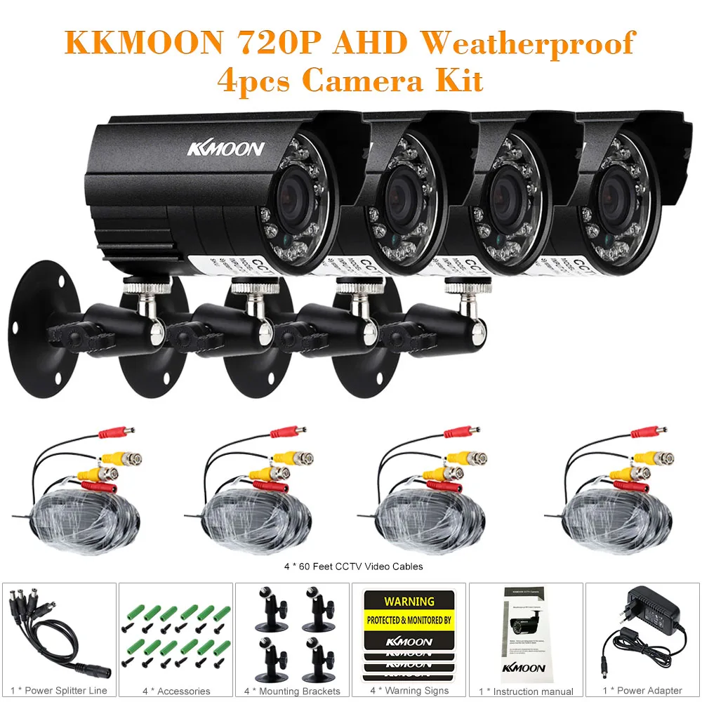 KKMOON 4pcs AHD 720P Weatherproof CCTV Cameras IR CUT Color CMOS 3.6mm Lens Home Security Camera Kit Surveillance System