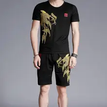 Летний дизайн высокого класса вышивка хлопок мужская Тонкая индивидуальность из двух частей спортивный костюм мужской набор