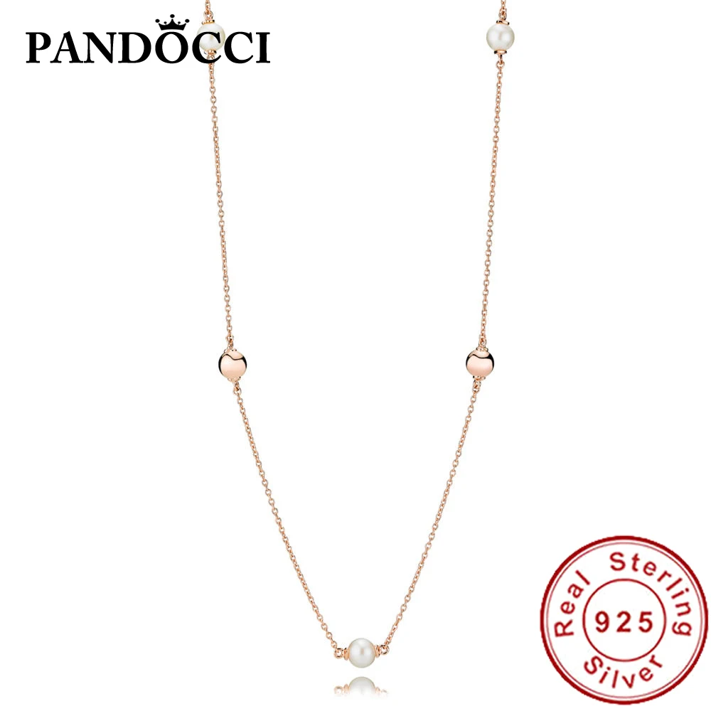 

PANDOCCI 100% 925 Sterling Silver 1:1 387550P ROSE GOLD CONTEMPORARY PEARLS NECKLACE Original Women's Wedding Jewelry
