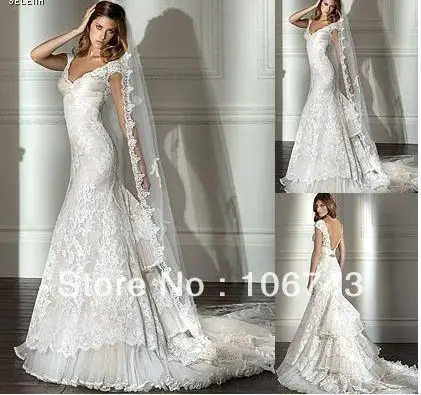 

free shipping 2013 V Neck backless mermaid White/Ivory lace custom size wedding bridal dresses gown