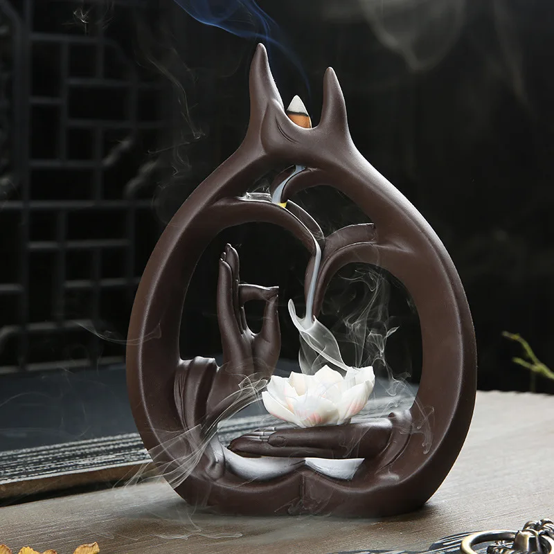 

Backflow Incense Burner Lotus Buddha Hands With Lotus and Bottle Incense stove sandalwood incense Zen Home Garden Decor