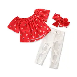 2018 Новый стиль для маленьких девочек с принтами красный комплект Лето Малыш Футболки хлопковые с коротким рукавом белые штаны с дырками