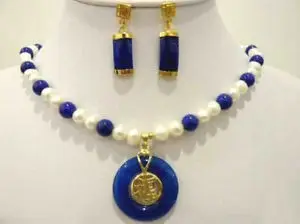 

Free shippingBeautiful blue jade and pearl necklace earring set