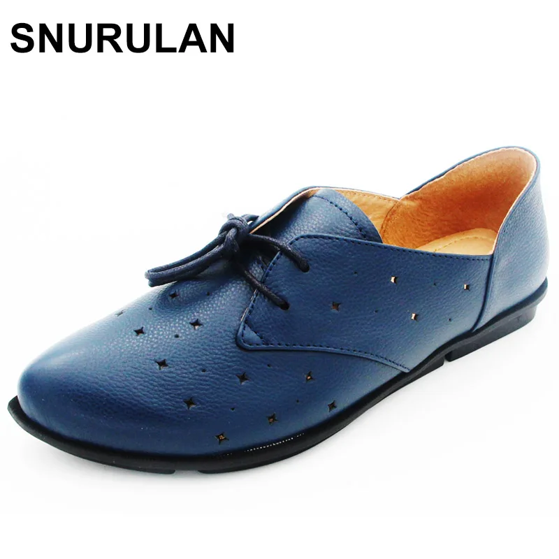 

SNURULAN Shoes Woman Flat Genuine Leather Pointed toe Flats Hollow out Summer Footwear 2017 Ladies Flat Shoes