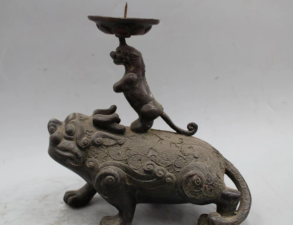 

8" Old China Chinese Dynasty Palace Bronze beast Candle Holder Candlestick