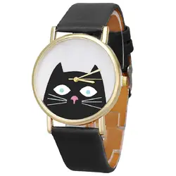 Кошка узор дамы Для мужчин кожаный ремешок Циферблат Кварцевые наручные часы