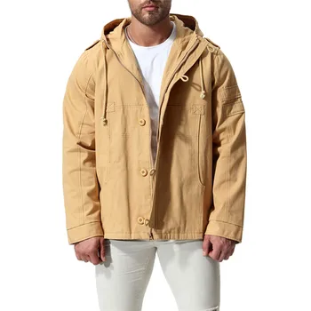 

Nice New 111%Cotton Men Hooded Jacket Men Casual Standing Collar Loose Jacket Coats For Male Autumn Winter Black Green Khaki