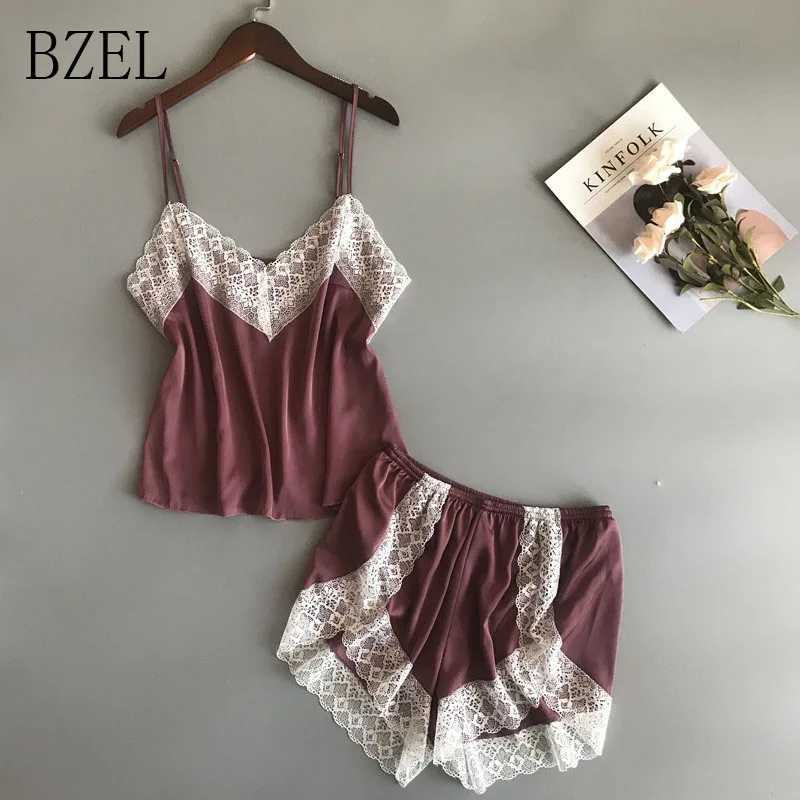 

BZEL Women Clothes For Summer Shorts Set Sleepwear Satin Pajama Cami Top + Shorts Pajamas Spaghetti Strap Lace Sexy Pyjama Mujer