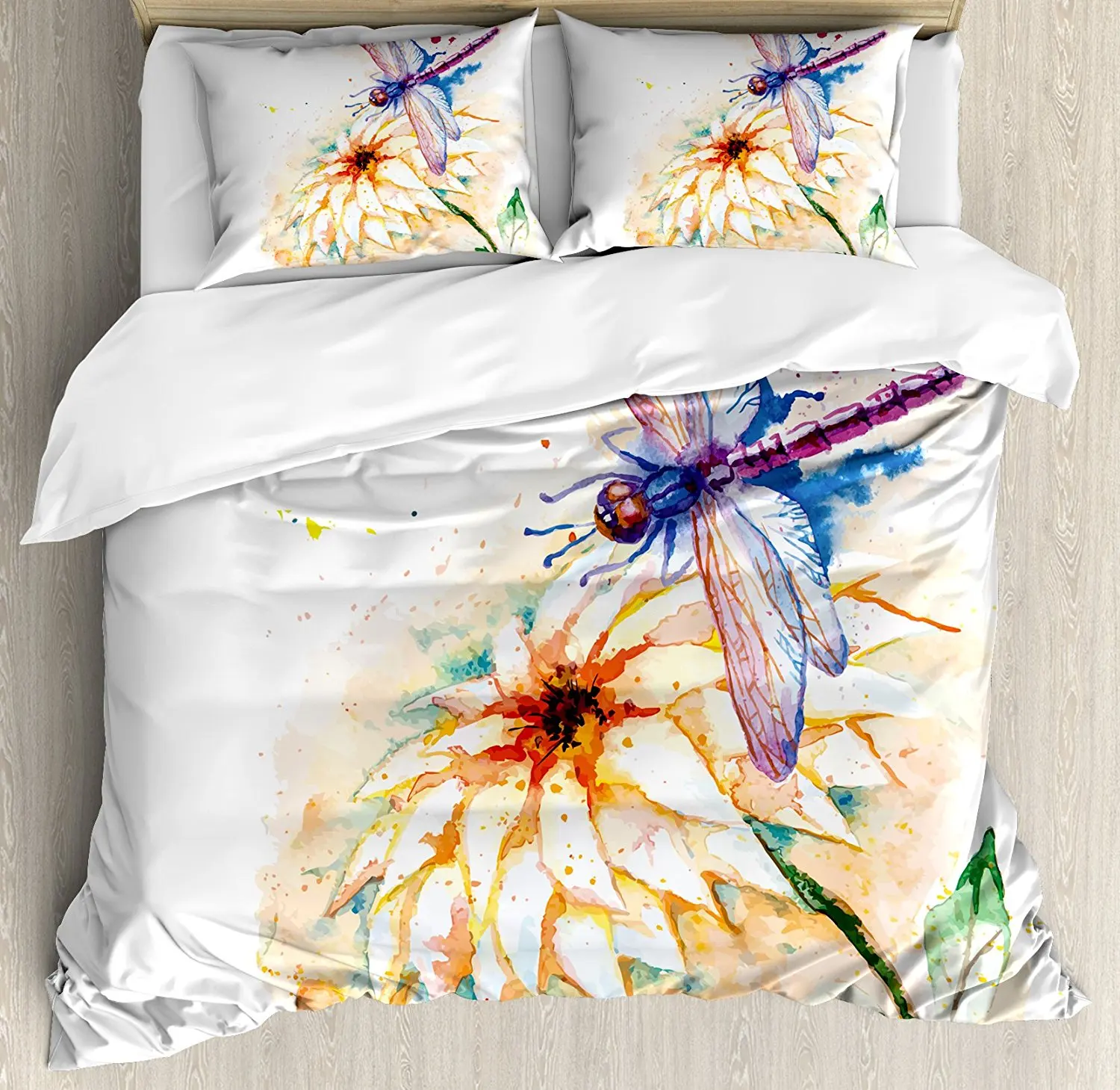

Dragonfly Duvet Cover Set Watercolor Stylized Lily Flower and Flying Bug over it Nature Spring Theme Print 4pcs Bedding Set