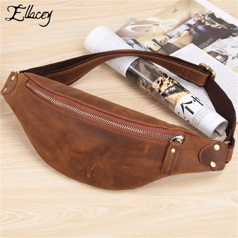 

Vintage Business Men's Cell Phone Pocket Cow Leather Chest Bag Men Genuine Leather Waist Packs Belt Fanny Pack Pillow Banana Bag
