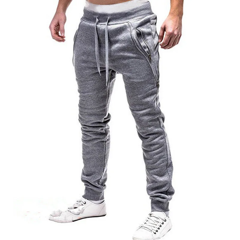 New Sweatpants Men Zipper Pockets Solid Casual Mid Waist Pants Men Full Length Joggers Trousers Men Streetwear Pantalon Homme