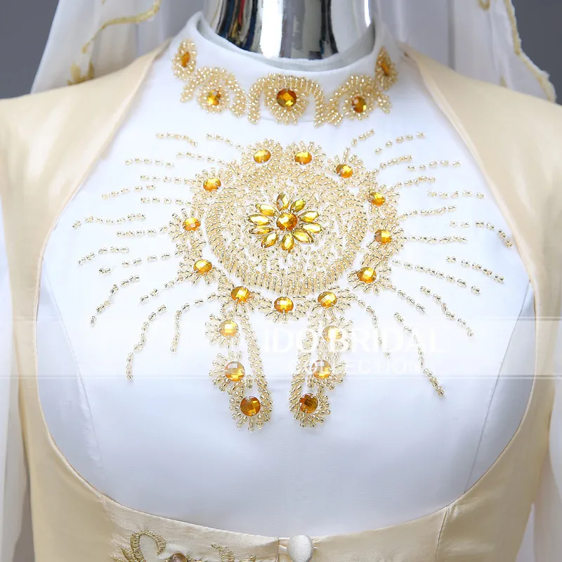 Taline белый и золотой с длинным рукавом Кристалл бисером вышивка мусульманские свадебные платья развертки Поезд vestido de festa Longo ASWD113