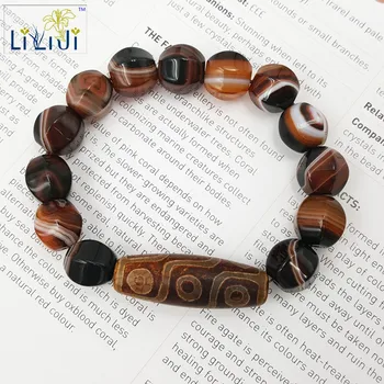

Natural Stone Banded Agates &Tibetan DZI Bead Bracelet Total size 7.5''-8.5''