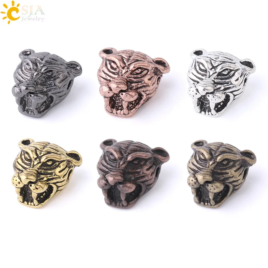 

CSJA Tiger Head Spacer Beads for Bracelet Making Men Statement Jewelry Findings Vintage Metal Wild Animal Totem Accessories S295