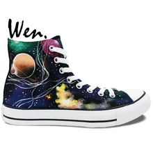 Вэнь оригинальные окрашены вручную парусиновые туфли космическая галактика с изображением ТАРДИСа из сериала «Доктор Кто» Мужские Женские высокие холщовые кроссовки для девочек и мальчиков подарки