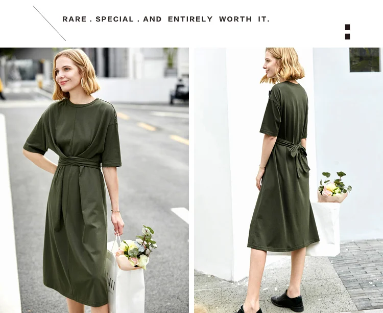 Amii Minimalist Women Dress Spring Summer Causal Solid Short Sleeve Belt Lace Up O Neck Cotton Elegant Female Dress