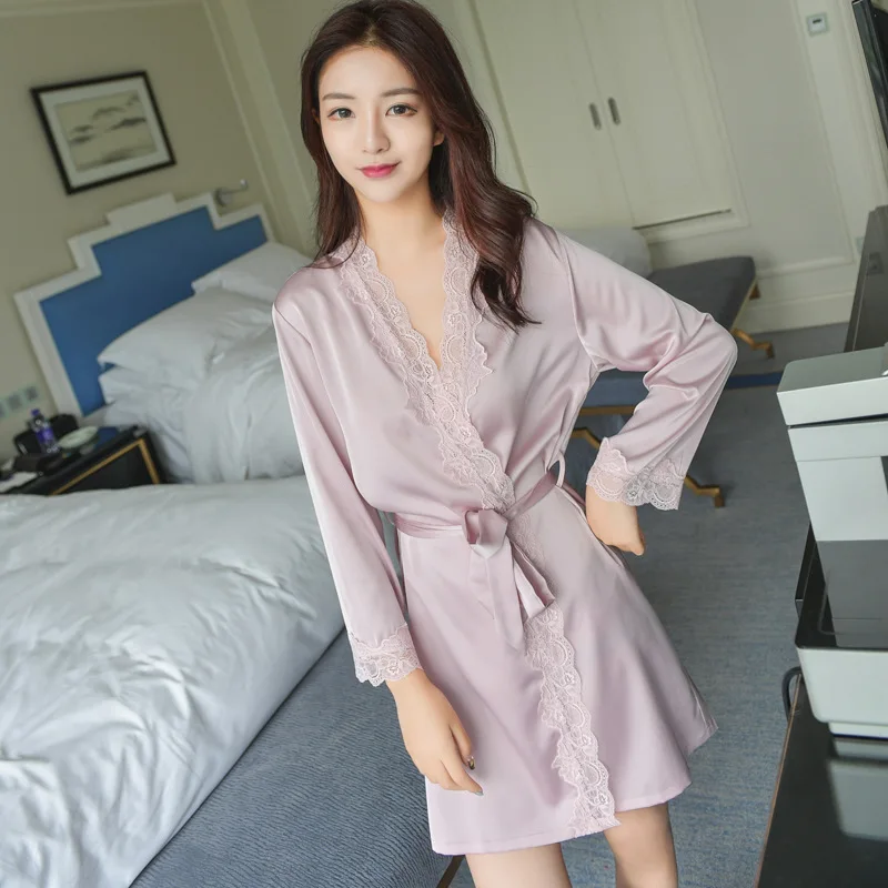 1620 Women's Satin Silk Woman Lace Robe Female Lace Bathrobe Womens Robes Sleepwear Ladies Sexy Robe For Women