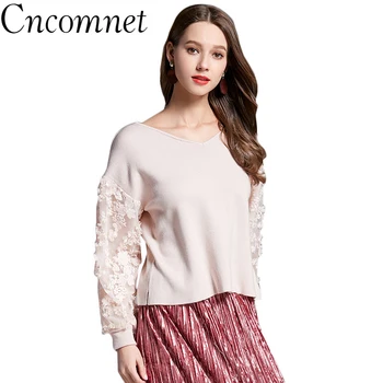 

Spring Girl Knitted V Neck Patchwork Chiffon Floral Puff Sleeve Elastic Cute Sweet Pullover Solid Color Women Short Sweater