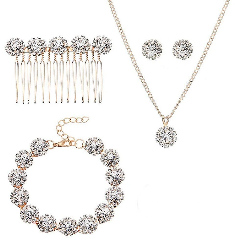 

Bridal Wedding Jewelry For Brides With Crystal Side Comb Earrings Necklace Bracelets 5 Pieces