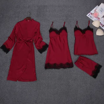 

4 Pieces ladies Sexy Silk Satin Robe Set Sleepwear Sets Include Robe+Nightdress+Top+Pant Embroidery Nightwear Homewear For Women
