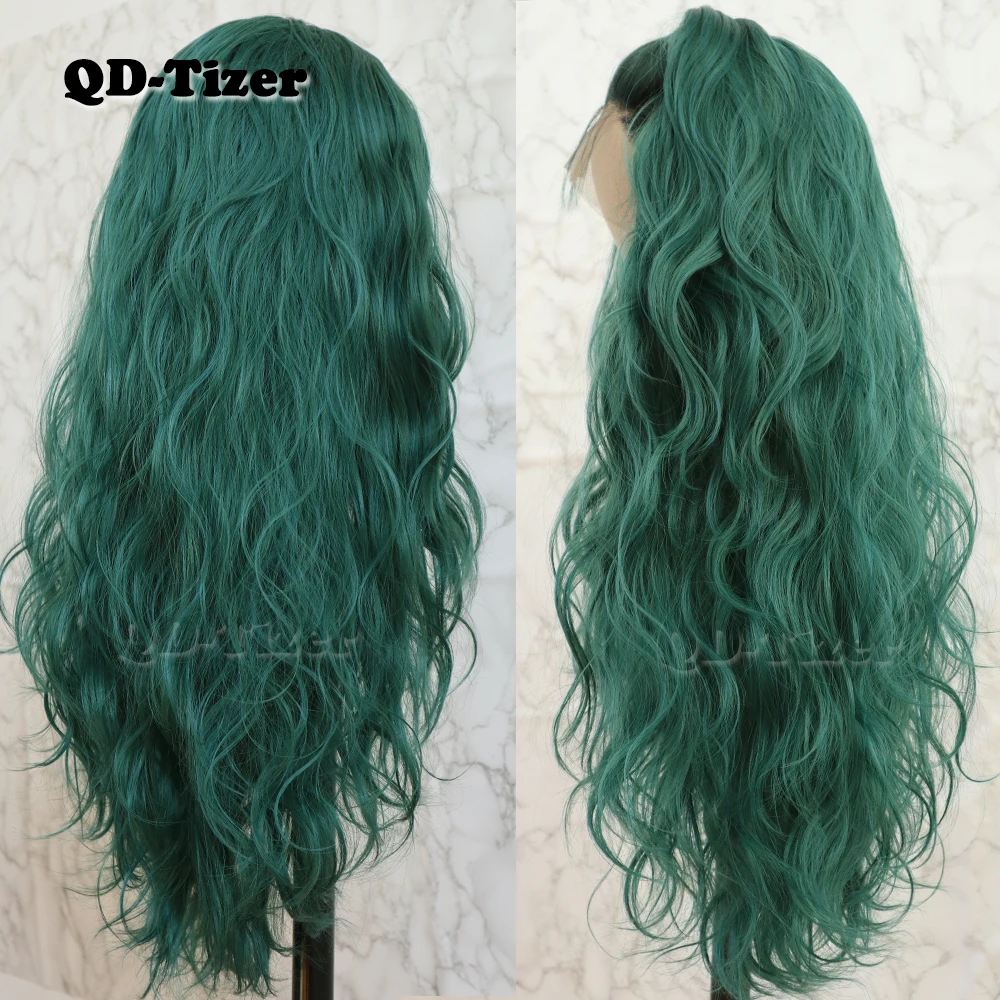 QD-Tizer Hair Loose Wave Hair Lace Wig with BabyHair Glueless Heat Resistant Synthetic Lace Front Wigs for Women Ombre Green Wig