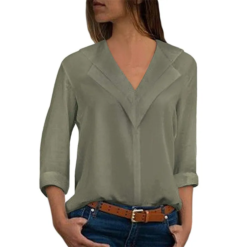 

2019 Summer Solid Color V Neck Chiffon Blouse 10 Color Long Sleeve Spliced Shirt Plus Size Casual Tops Blusas Chemise Femme