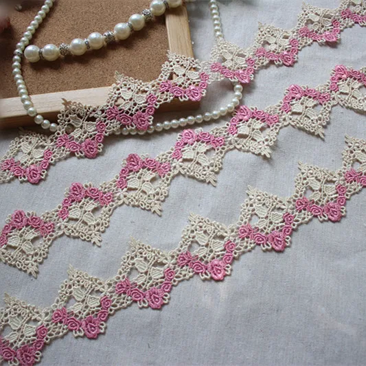 

6cm 2.36" Wide (3yards/lot) High Quality Water Soluble Embroidery Lace Trim in Cream+Pink, Venise Lace Trim
