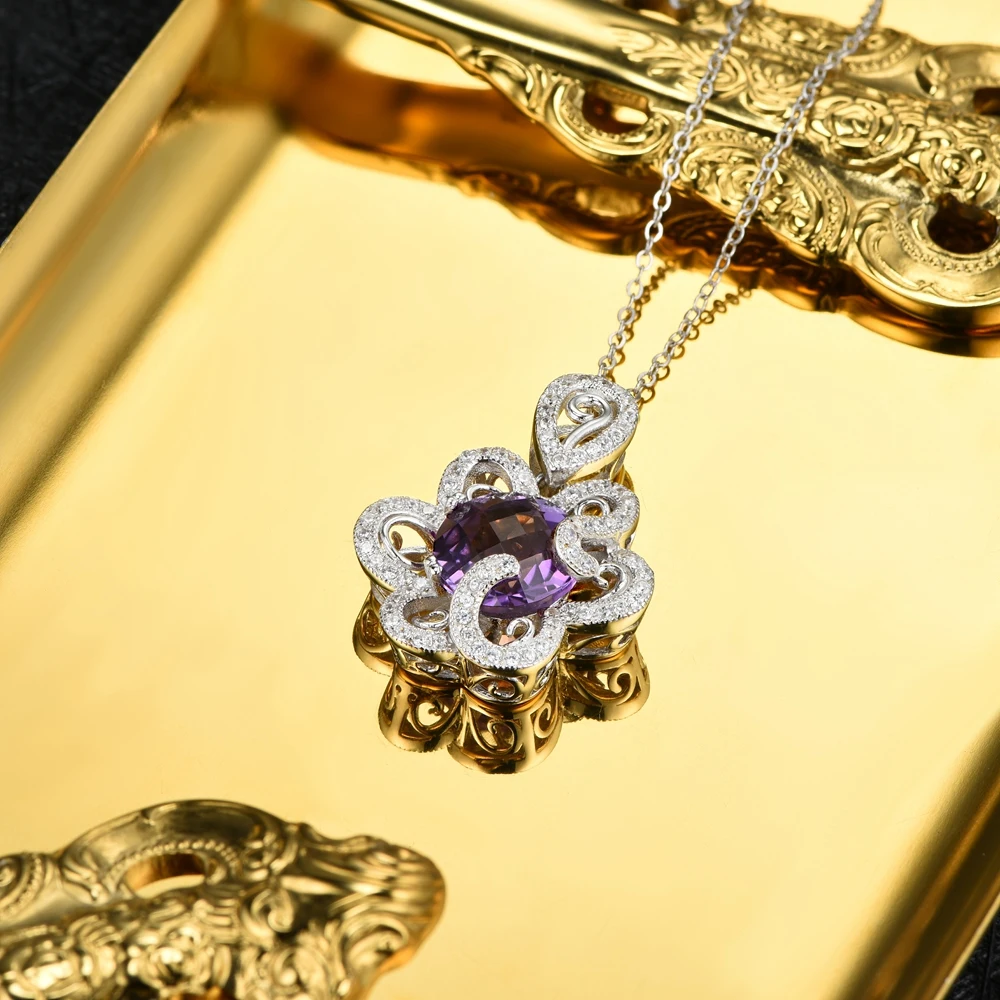L& zuan натуральный 3.7ct подвески из аметиста стерлингового серебра 925 ожерелье для женщин цветок с драгоценными камнями кулон для женщин