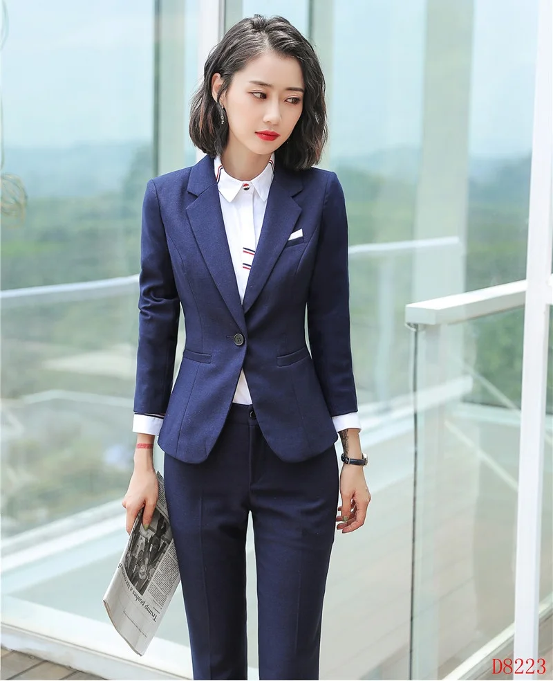 New 2019 Formal Ladies Navy Blue Blazer Women Pant Suits