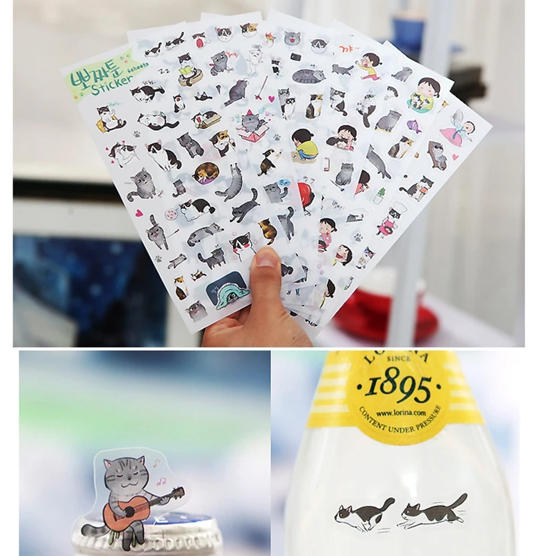

6pcs Kpop Stickers Pack Cartoon Cute Cat Series Transparent Space Hand Account Decoration Creative Cup Mobile Bicycle Stickers