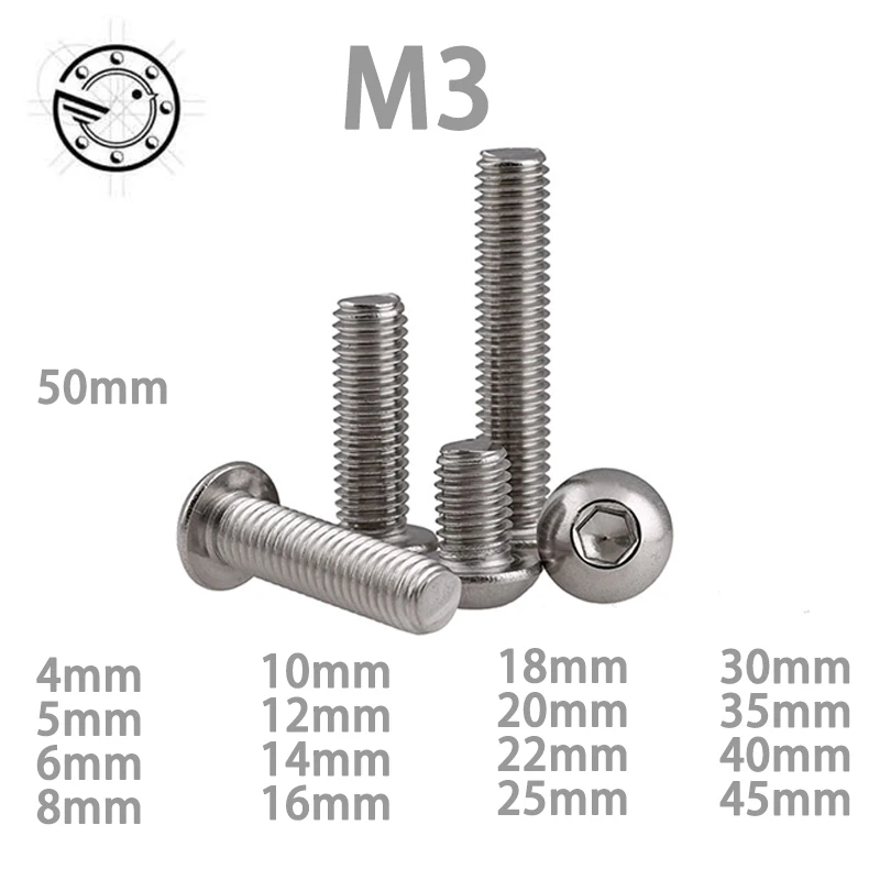 100pcs M3 Bolt A2 70 Button Head Socket Screw Bolt SUS304 Stainless