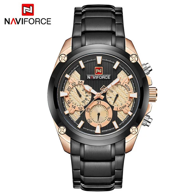 Новые модные мужские s наручные часы naviforce Militray Спортивные кварцевые 24 часы с датой мужские часы полностью стальные водонепроницаемые мужские наручные часы - Цвет: black gold