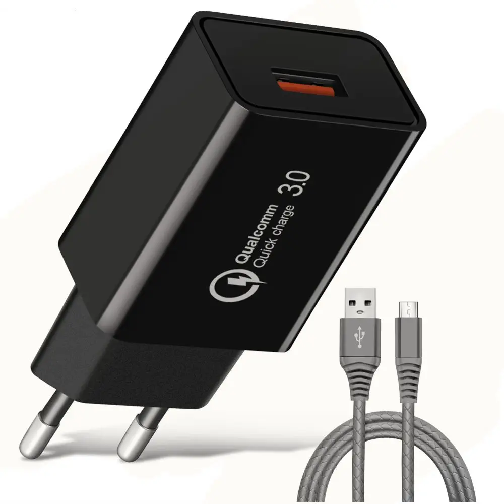 ESSIEN 18 Вт быстрое зарядное устройство 3,0 ЕС вилка для мобильного телефона микро USB быстрое зарядное устройство USB адаптер настенное зарядное устройство микро USB кабель для планшетов - Тип штекера: Black-1m Gray Cable
