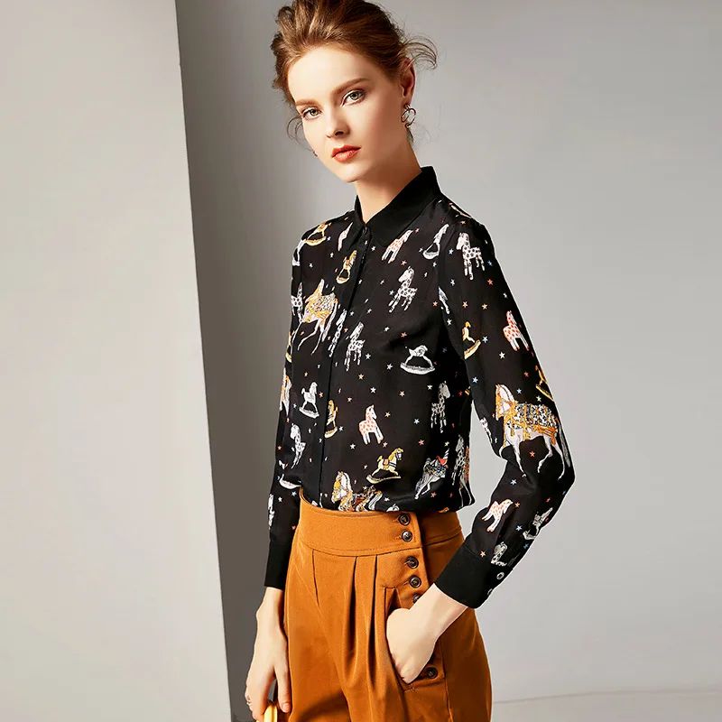 Harajuku Cartoon horsr Print Spring Autumn Women Blouse Casual Long Sleeve Black Shirt Tops Female H6216