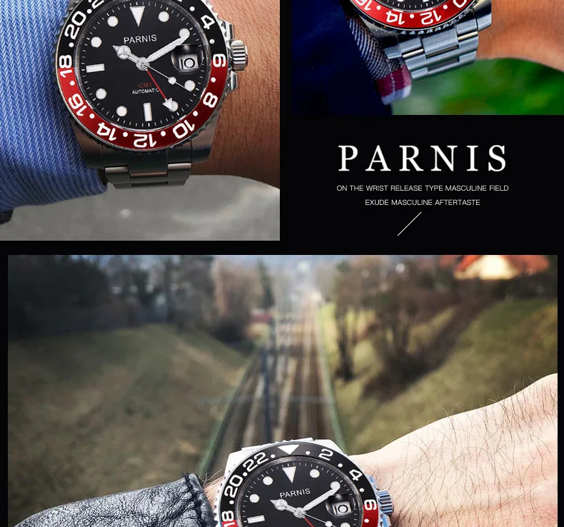 Parnis 40mm часы мужские спортивные механические часы GMT черный, красный Керамика ободок дайвер смотреть автоматический Нержавеющая сталь сапфир роль роскошные часы Для мужчин