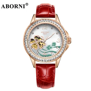 

ABORNI 2019 Creative Four Leaf Women Watches Skeleton Gold Clock Diamand Steel Mechanical Ladies Girls Watch Relogio Feminino