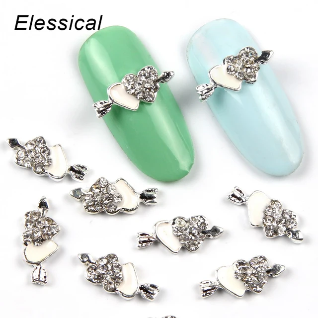 Nail Piercing Charms elessical 10pcs lot silver double piercing hearts 3d nail art decorations alloy nail charms nail rhinestones for manicure ma0017