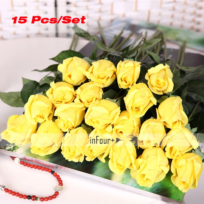 15Pcs Yellow Rose Vintage Home Decor Flower Real Touch Rose Silk