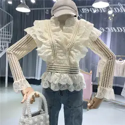 Женская мода отделка из оборок выдалбливают кружевная блузка тонкий сплошной элегантная Blusas Mujer De Moda