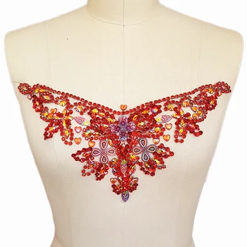 

CUSTOM Made Hand Beaded Red Applique 14x33cm Rhinestones Patches Stones and Crystals Sew On For Dress Costumes Neck Chest Decor