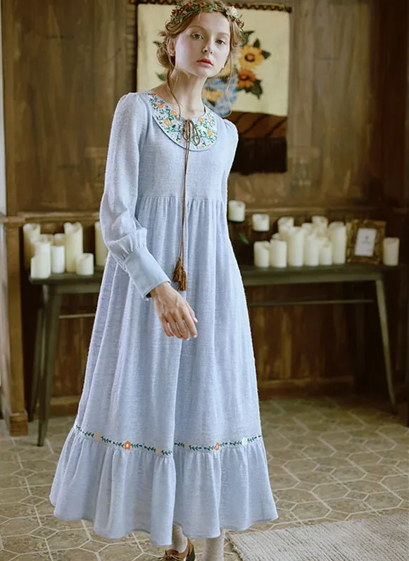 Женская одежда свежее синее длинное платье с вышивкой антокулус длинный рукав вязаное длинное весеннее женское Элегантное синее платье Вадим - Цвет: Light Blue