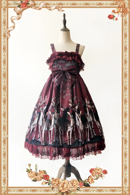 Милое Милу с принтом оленя платье лолиты, в готическом стиле с высокой талией без рукавов миди платье Инфанта