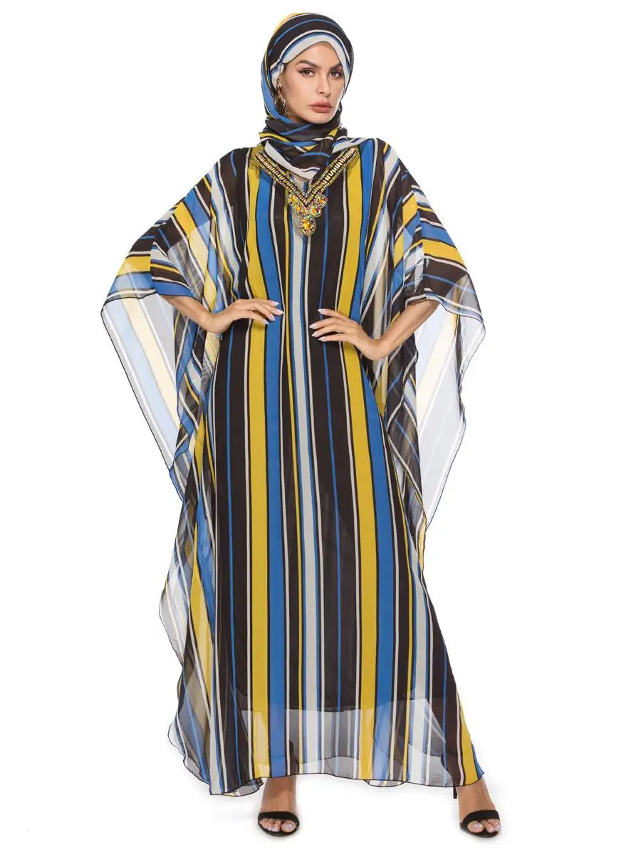 Мусульманское женское летучая мышь рукав макси платье с принтом бохо стиль шифон Свободный исламский накидка оверсайз халат с v-образным