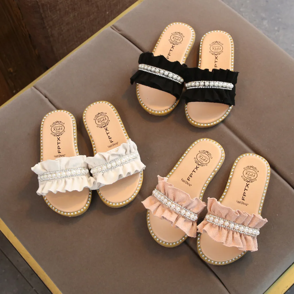 Kids Sandals Toddler Baby Girls Sandals Pearls Crystal Ruffles Princess Shoes Slippers Comfortable Casual Summer Shoes